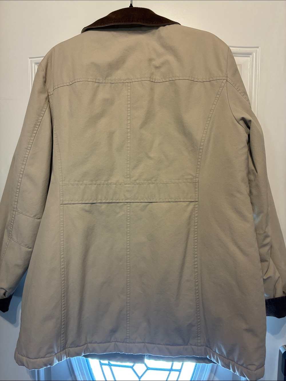 L.L. Bean Women's Winter Lined Cream Trench Barn Coat with Brown Corduroy Collar - Picture 2 of 8